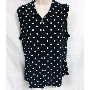 Tommy Hilfiger Navy Polka Dot Blouse Shirt Top 1/4 Zip Sleeveless Womens Large